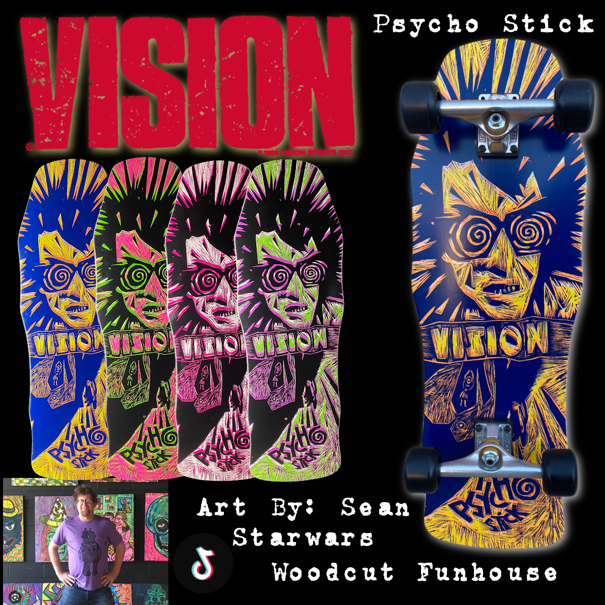 Vision Original Psycho Stick Deck-Woodcut Art by Sean Starwars - 10